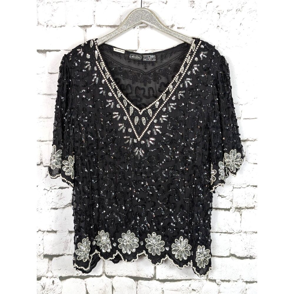 VINTAGE MEGERE Art Deco Sequined Beaded Silk Blouse Glam Whimsygoth *XL - Picture 2 of 8
